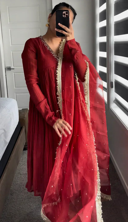 Mul Cotton Hand Work Anarkali with Churi Sleeves Set of 3